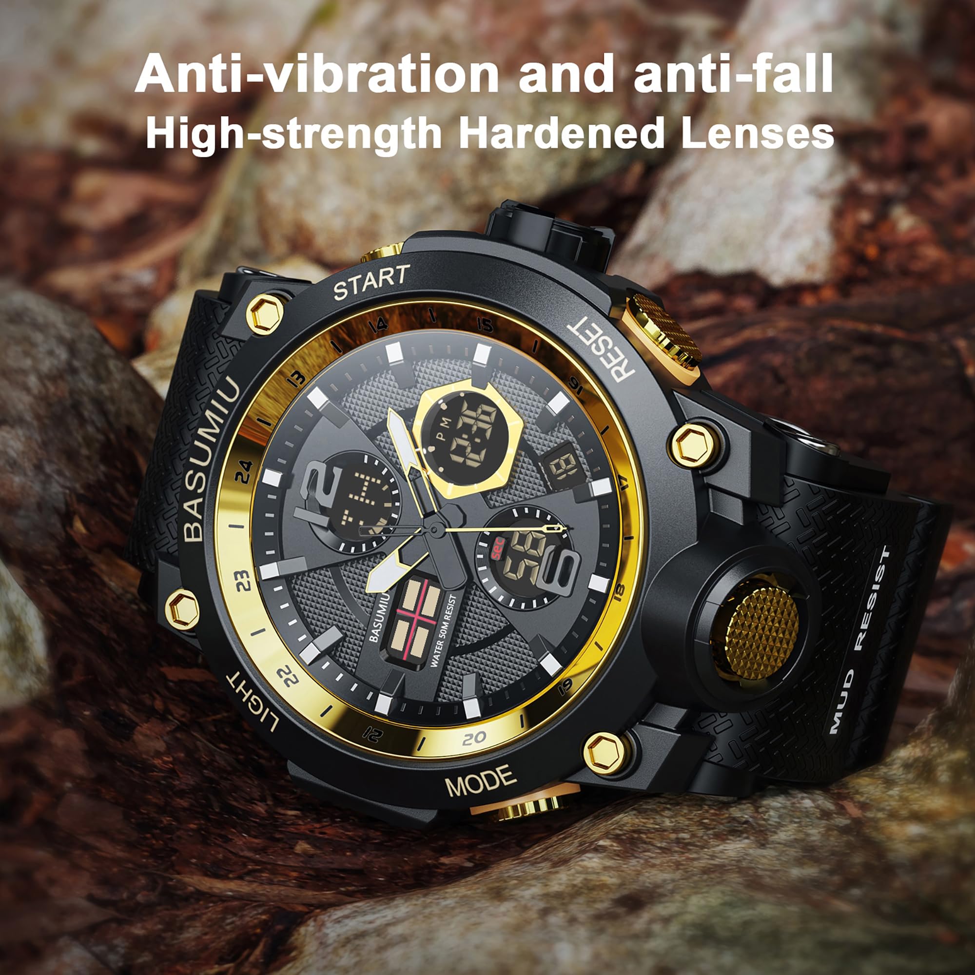 BASUMIU Men's Tactical Sports Watch – Dual Display, Waterproof