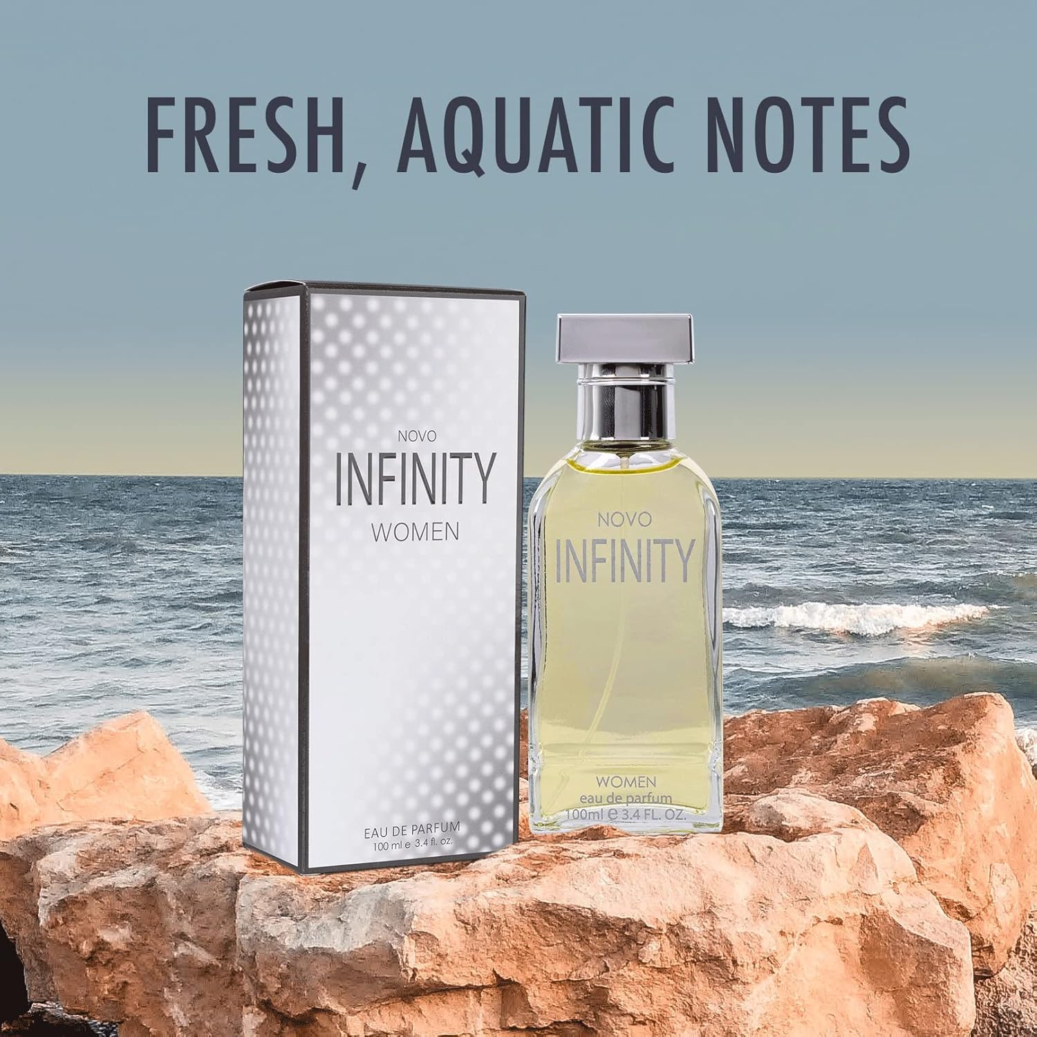 NovoGlow Novo Infinity women’s eau de parfum spray in 3.4 oz bottle, elegant design with floral and fresh scent elements.