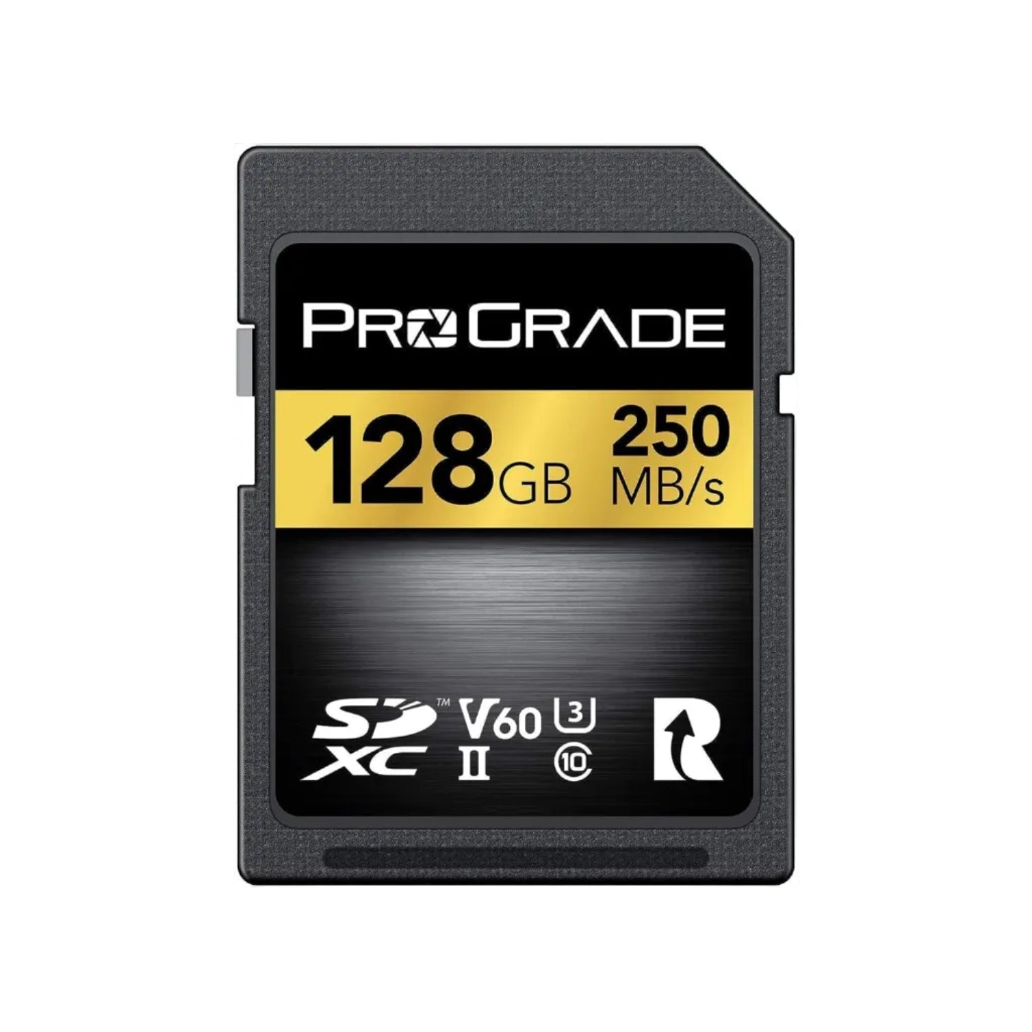 ProGrade Digital SD UHS-II 128GB V60 memory card showing the card with capacity and speed specifications