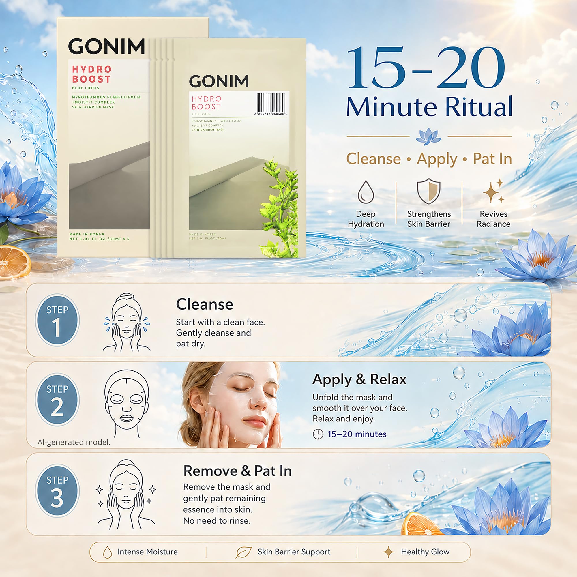 Korean Face Mask, Hydrating Face Mask with Hyaluronic Acid, - GONIM
