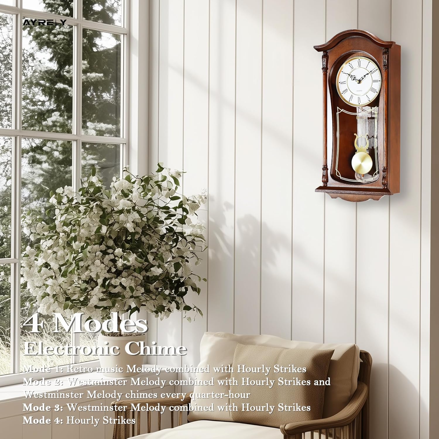 AYRELY® 22-inch vintage grandfather wall clock with pendulum and chime, featuring a classic wooden design and Roman numeral dial.