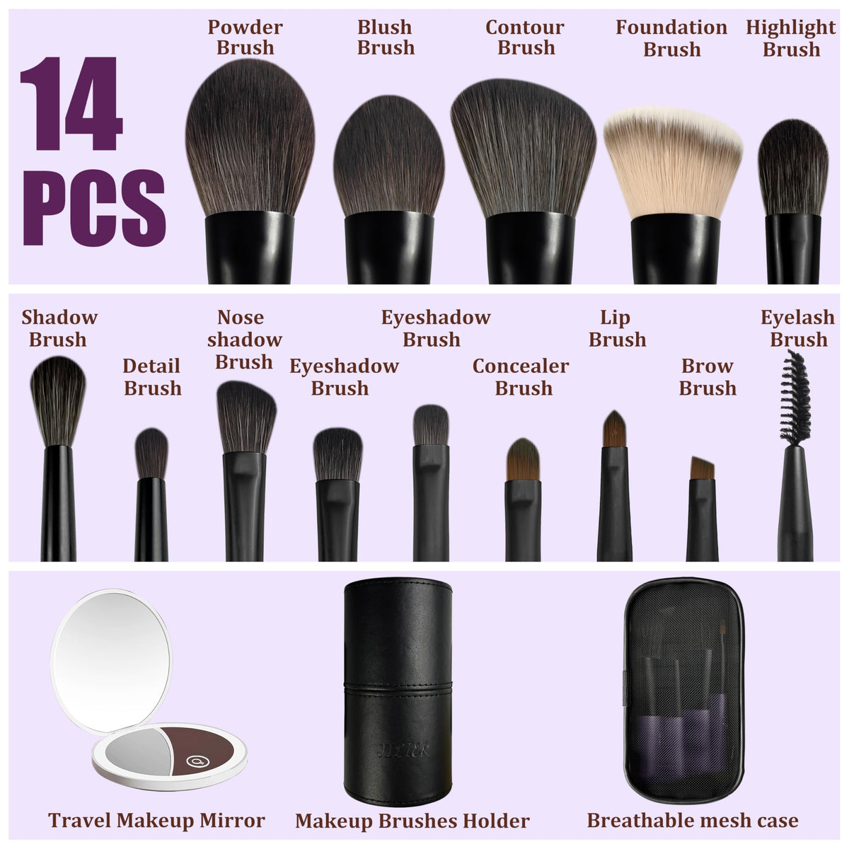 Jilier 14 pcs Mini Makeup Brushes and Pocket Mirror Travel - JILIER Official Imagery - 3