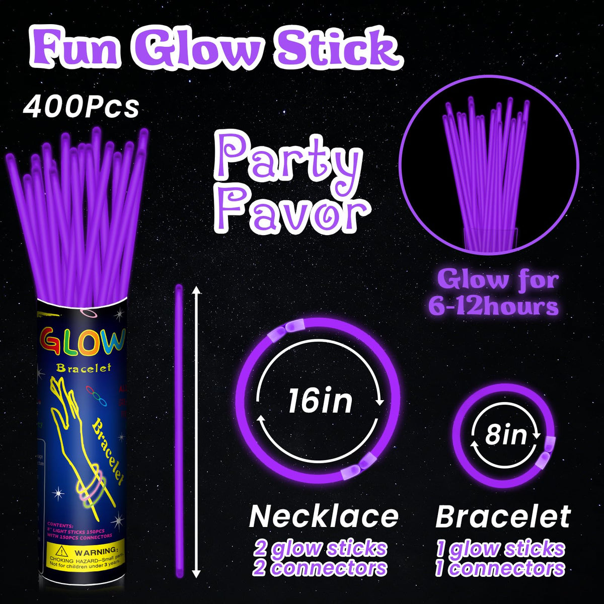 400 Pcs 8 Purple Glow Sticks Bulk for Party Supplies - GKXMAXIWANG Official Imagery - 4