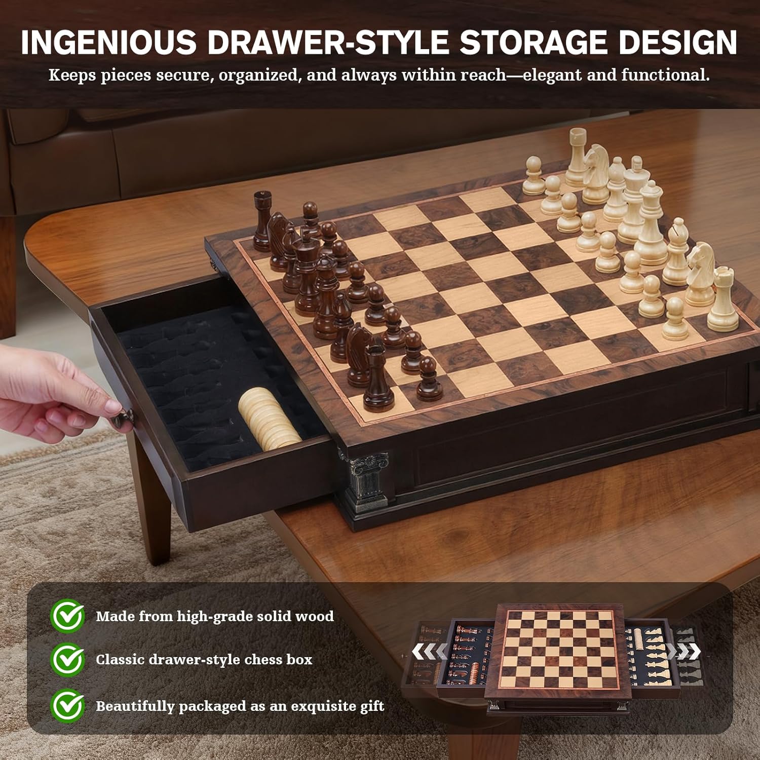 Peradix magnetic wooden chess set with 15-inch board, featuring two built-in storage drawers for chess pieces.