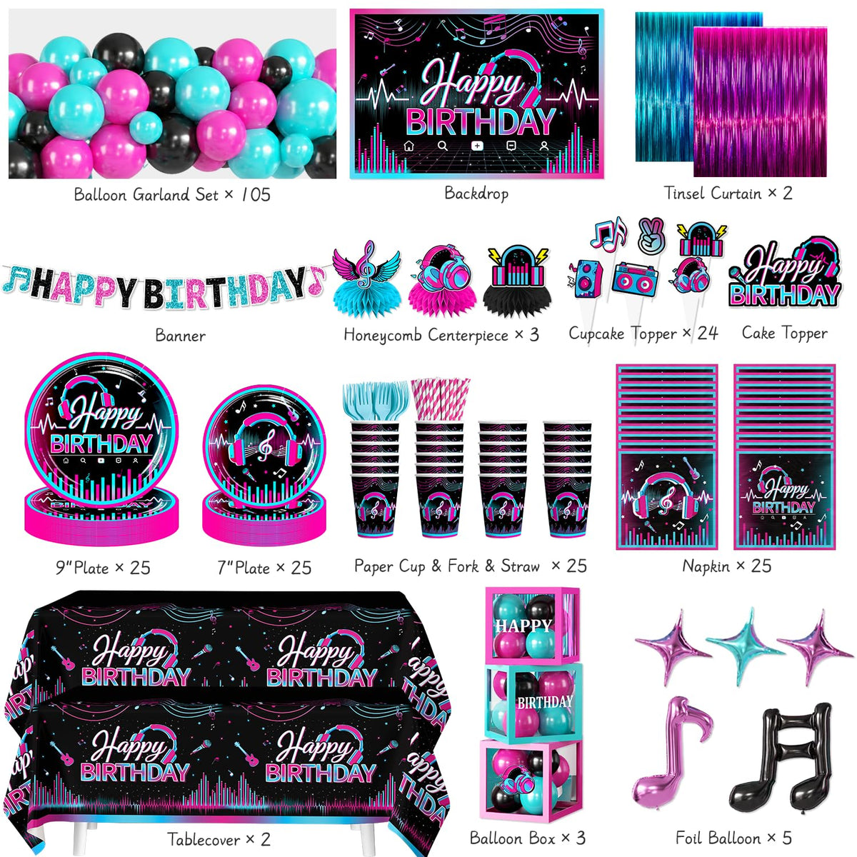 303pcs Music Birthday Decorations All in One Set Serves 25 - cocomigo Official Imagery - 4