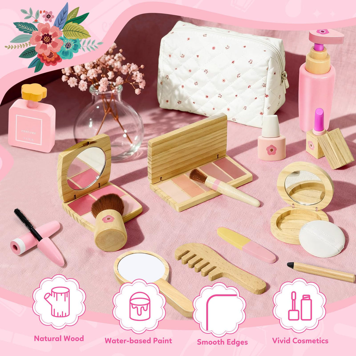 Wooden Makeup Toy Set for Toddler Play Makeup Kit for Girls - KIDBEST Official Imagery - 8