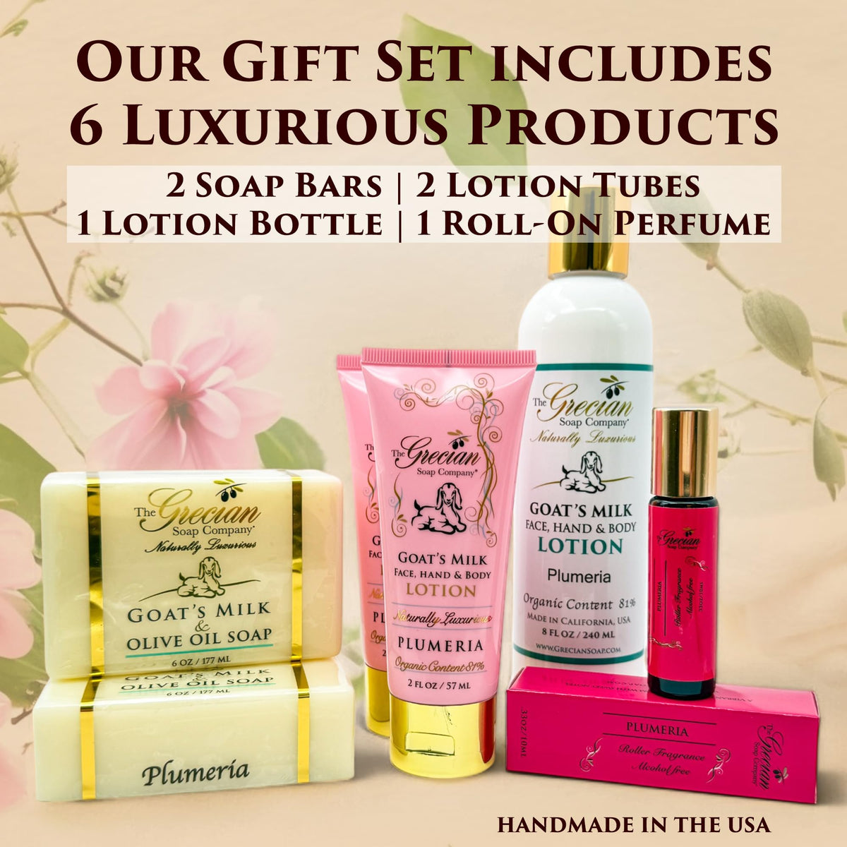 Deluxe Bathtub Gift Set 6pcs Goat Milk Olive Oil Skin Care - The Grecian Soap Company Official Imagery - 7