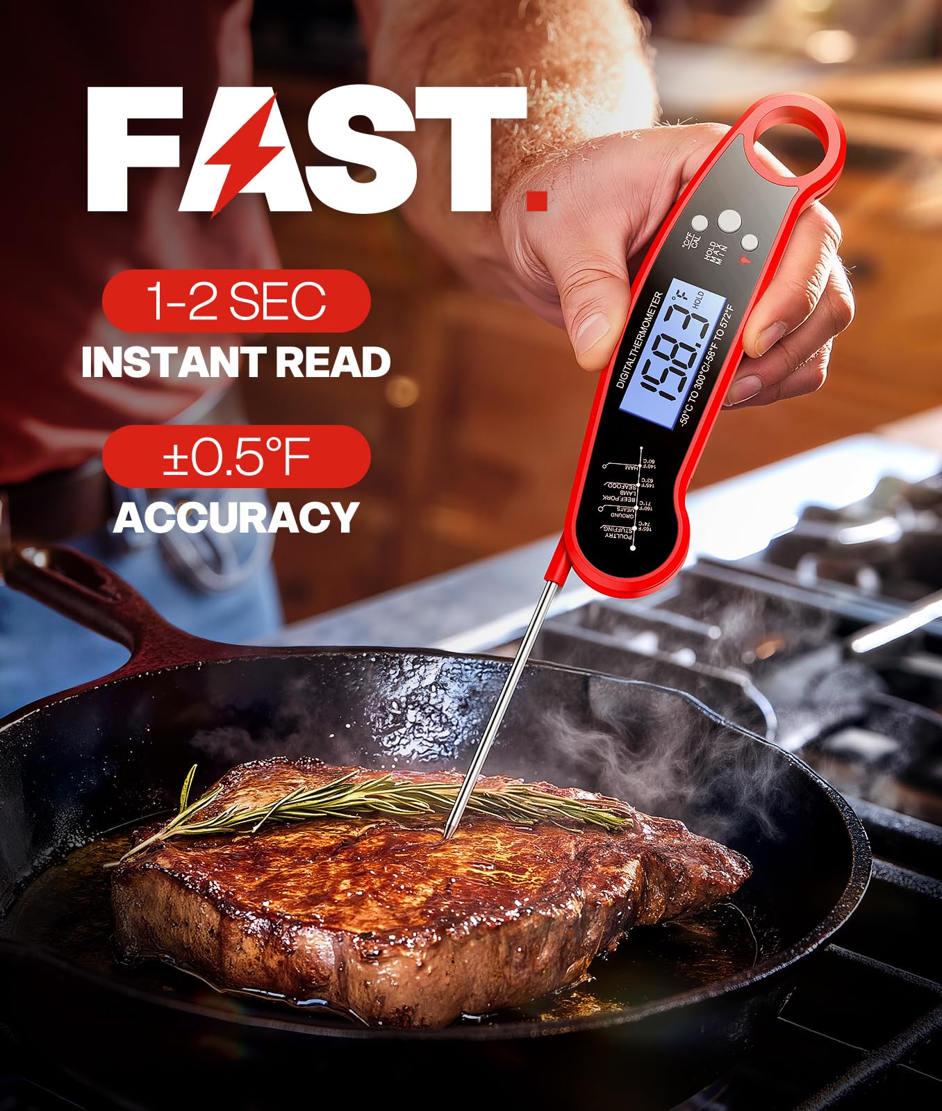 ONFIKY Instant Read Meat Thermometer Digital, 1-2 Sec, Food, Cook by ONFIKY - Angle View 3
