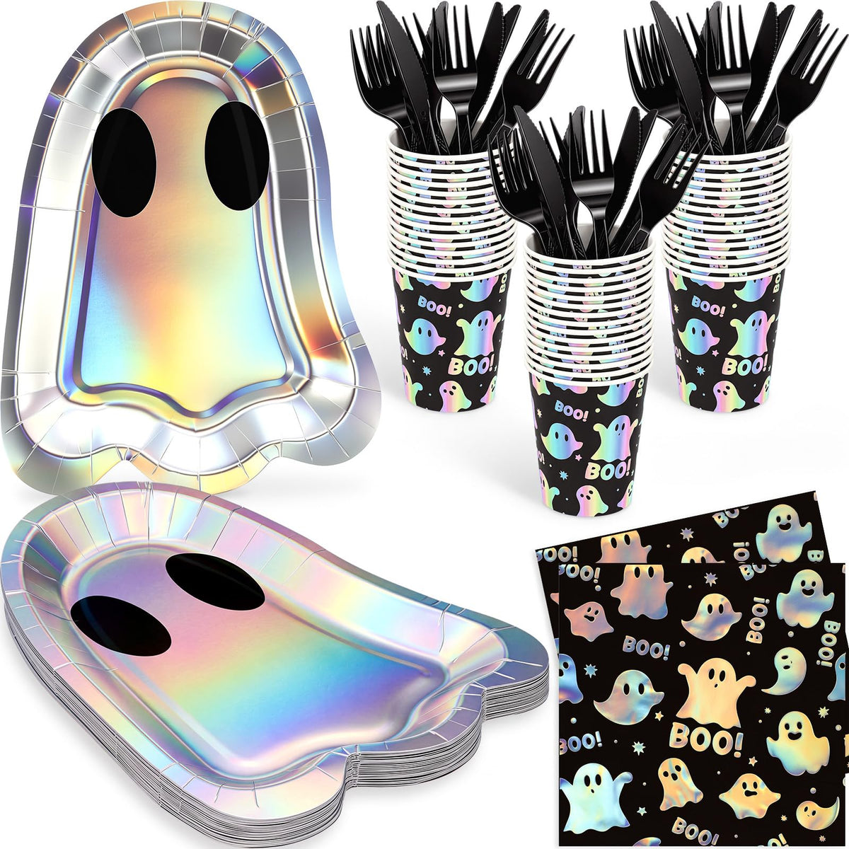 120 Pcs Halloween Ghost Paper Plates Boo Napkins Tableware - Yungyan Official Imagery - 1