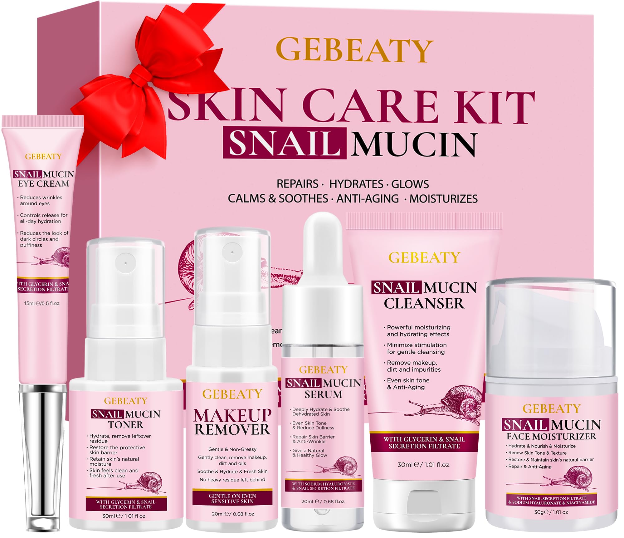 Skin Care Set, 7-Piece Hydrating &amp; Repairing Snail Mucin - GEBEATY