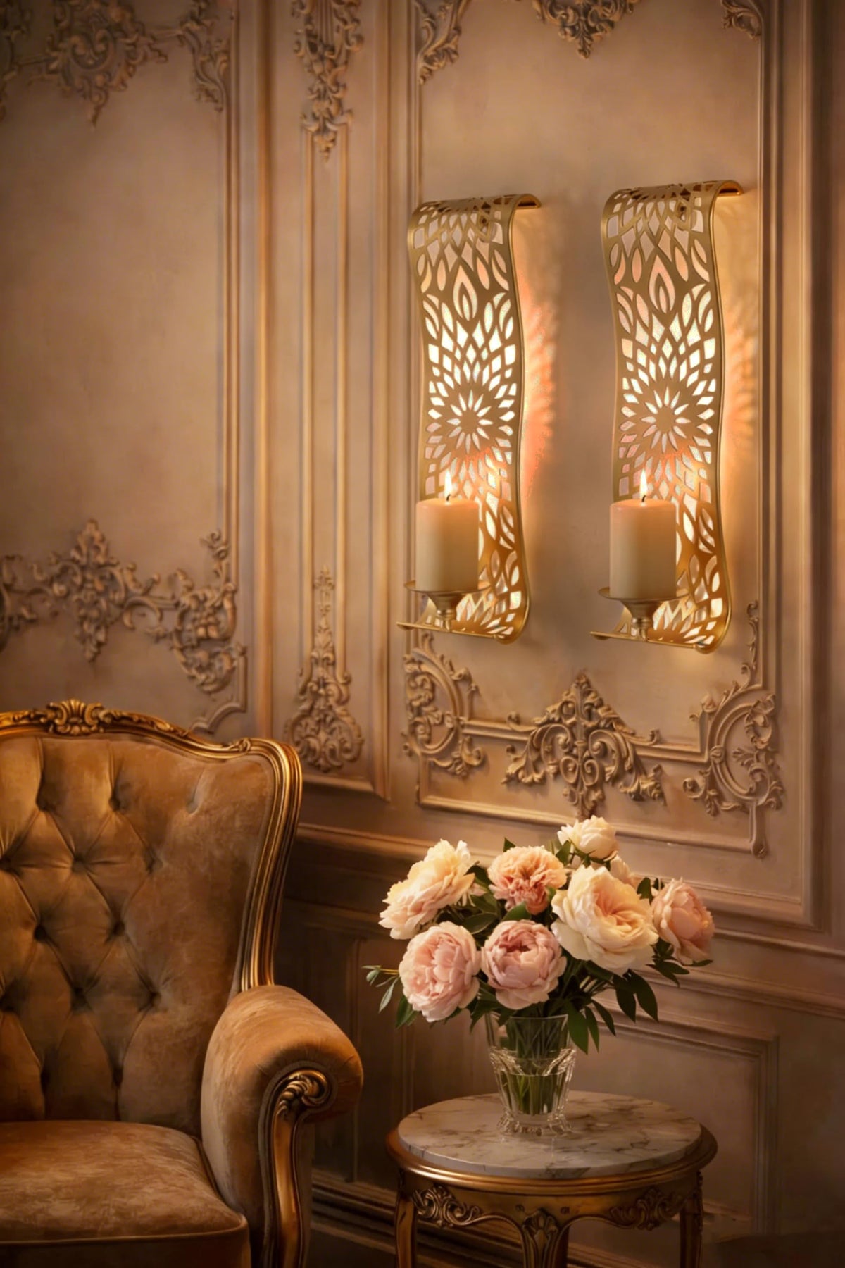 Antique Gold Wall Sconces Set of 2 Rustic Metal Candle - Capesaro Official Imagery - 3