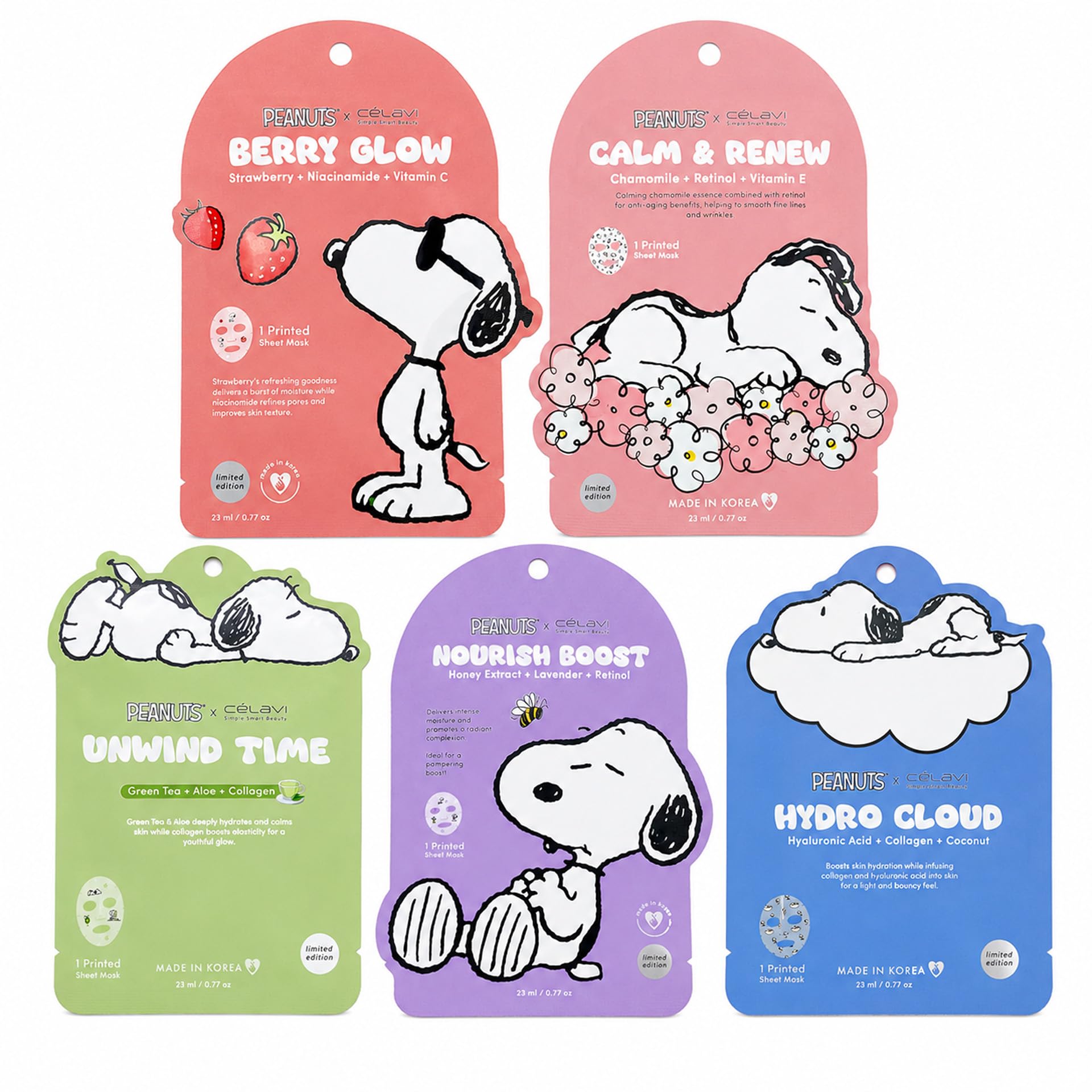 CELAVI 5 Pack Peanuts Snoopy Printed Sheet Mask, Cute Face Masks - Celavi Cosmetics