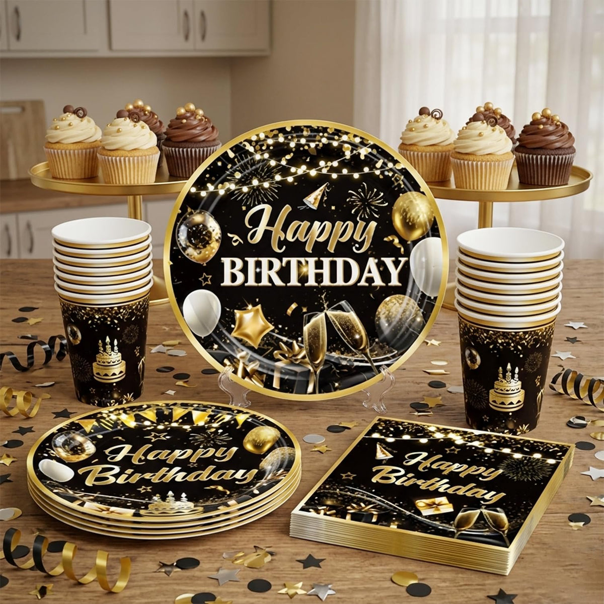 206pcs Black and Gold Birthday Decorations Men Set for 25 - Yingoto Official Imagery - 3