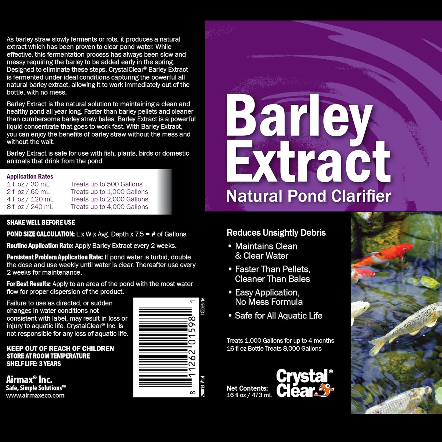 CrystalClear Barley Extract Pond Treatment – Natural Water Clarifier for Fountains 1 Gallon