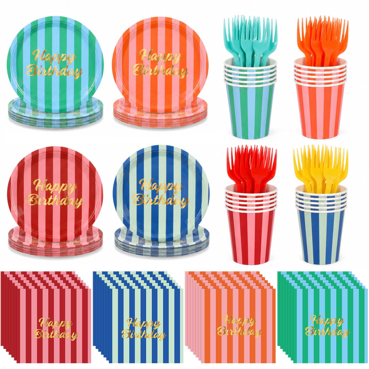 200Pcs Colorful Striped Birthday Party Supplies 7 Paper - Afniimyapt Official Imagery - 2