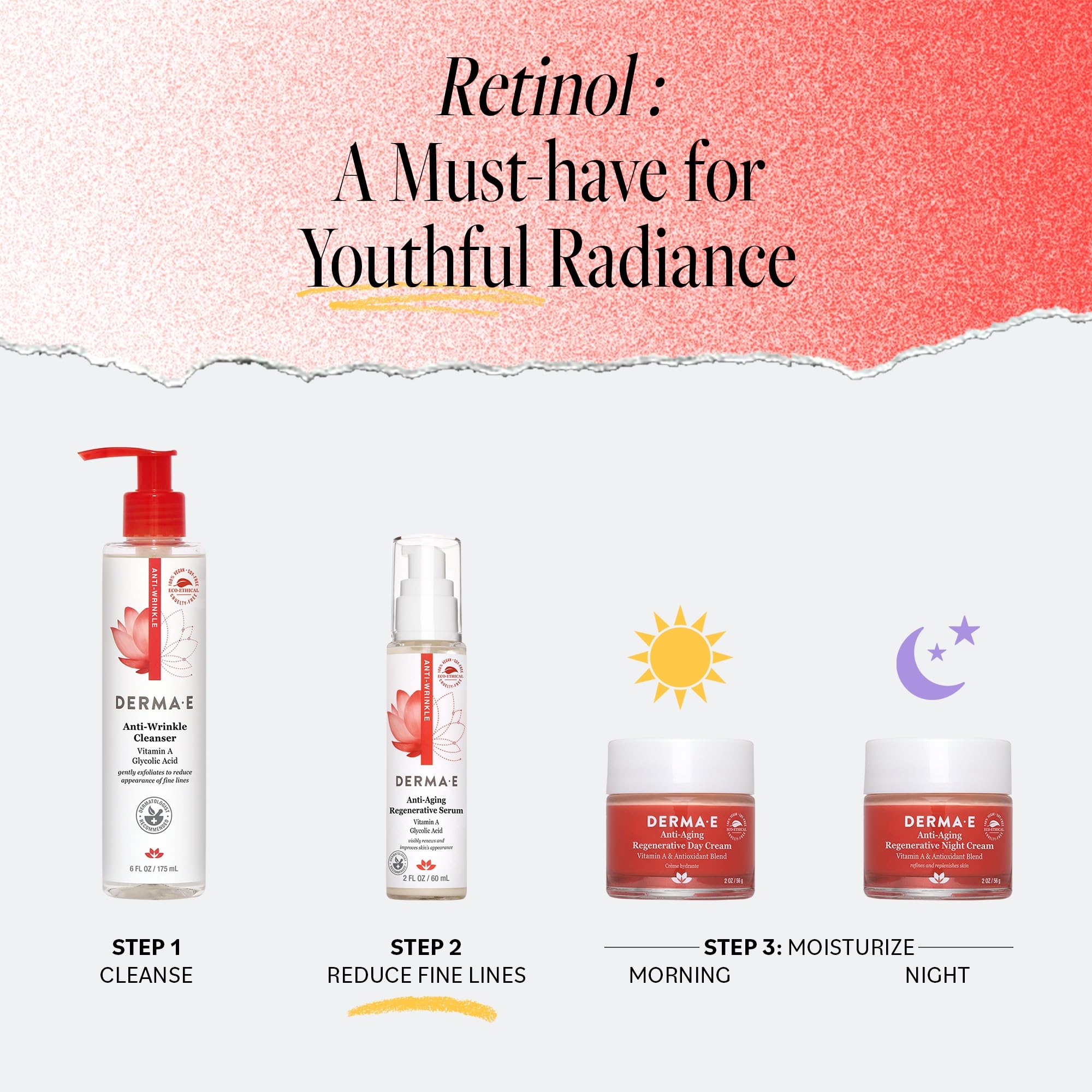 DERMA E Anti-Aging Regenerative Serum – Hydrating Day and Night Serum – Skin Renewing with Glycolic Acid and Vitamin A – Advanced Facial Skin Care Treatment, 2 fl oz