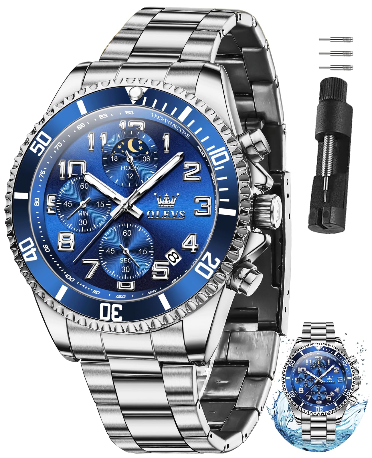 OLEVS Men's Silver & Blue Chronograph Dress Watch 43mm Quartz
