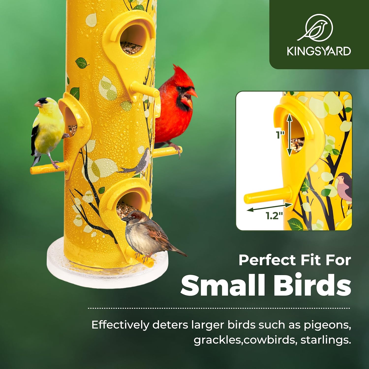 Kingsyard metal outdoor hanging bird feeder with six feeding ports and tube design for attracting garden birds.