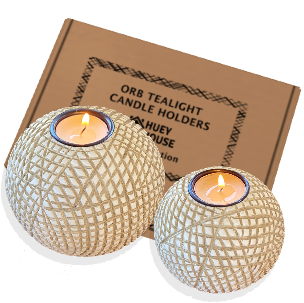 Luca Beige Orb Tea Light Candle Holders Gift Boxed Set of 2 - Huey House Official Imagery - 2