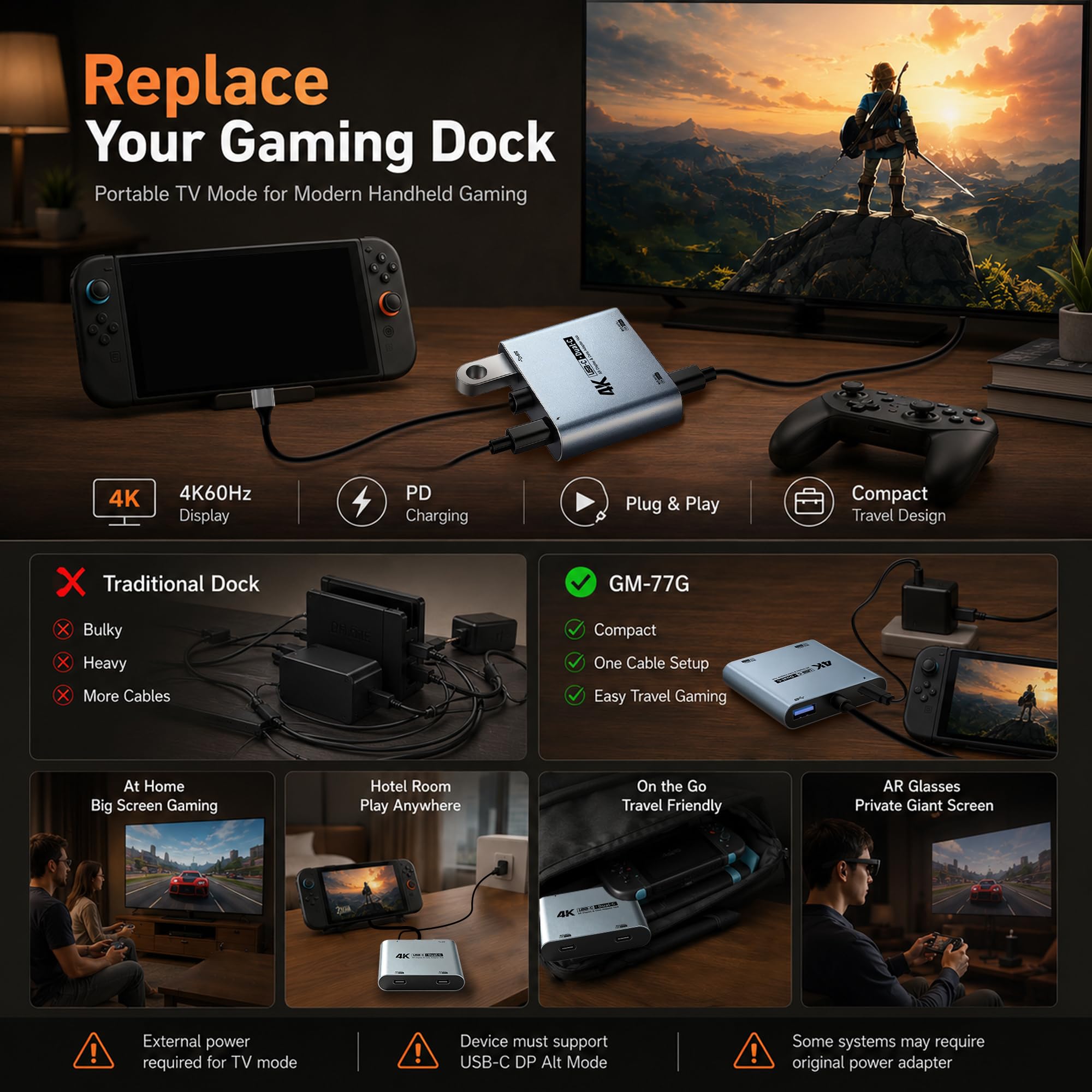 Guermok 4-in-1 Dual USB-C Display Hub, 4K@60Hz Video Output, AR Glasses Hub