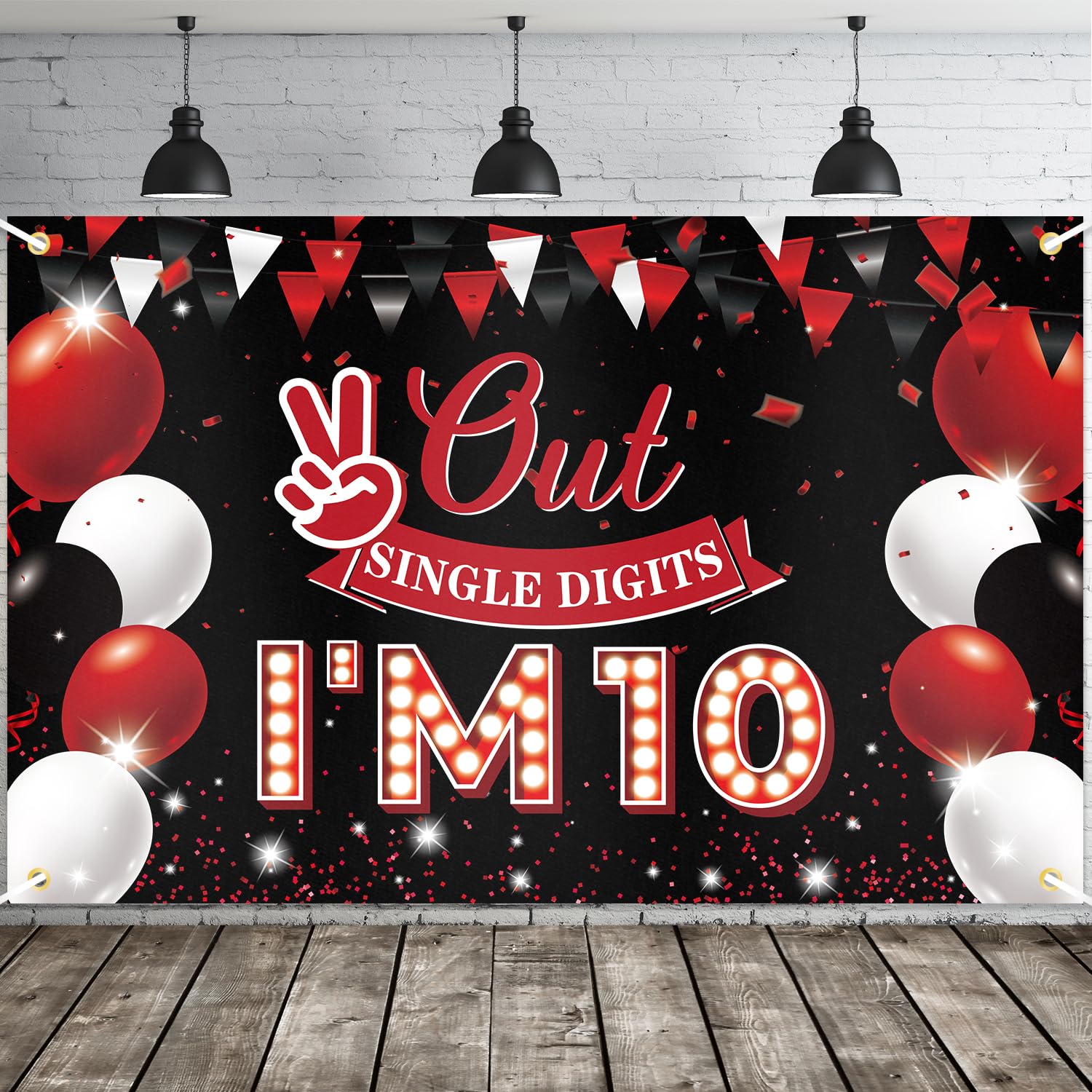 JOYKY Out Single Digits I’m 10 Banner, Red Black Happy 10th - Product Imagery