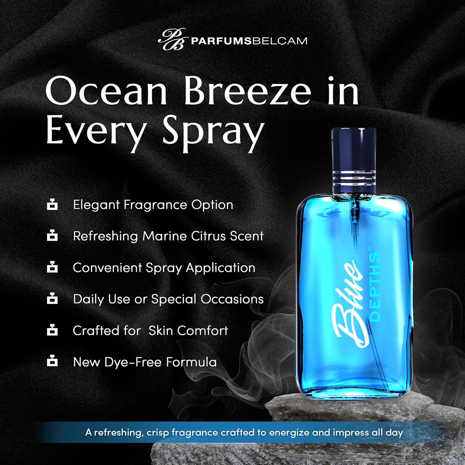 PB ParfumsBelcam Blue Depths Eau de Toilette spray, 3.4 fl oz, featuring a sleek blue bottle with aquatic and floral fragrance notes.