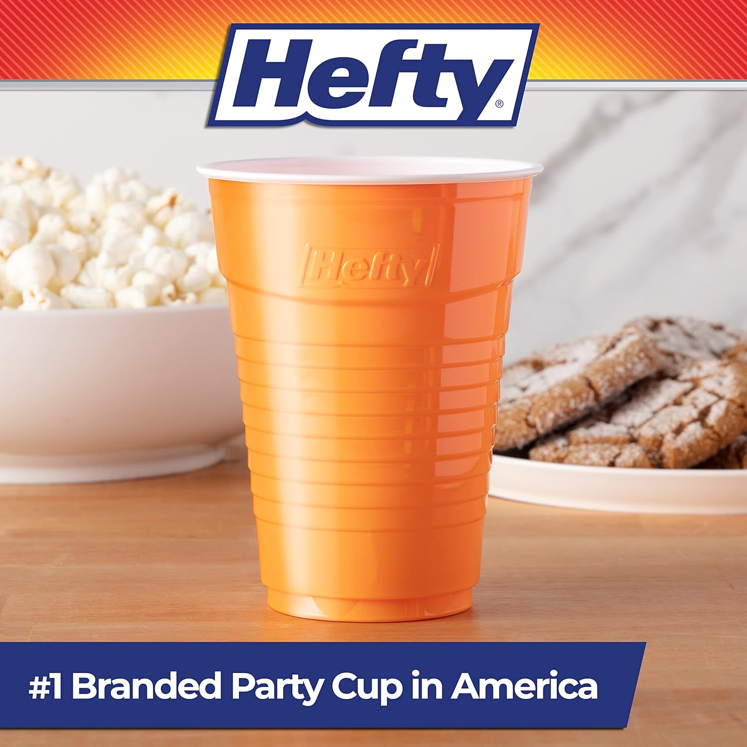 Set of 100 Hefty Party On disposable plastic cups, 16-ounce, assorted colors, ideal for parties and gatherings.