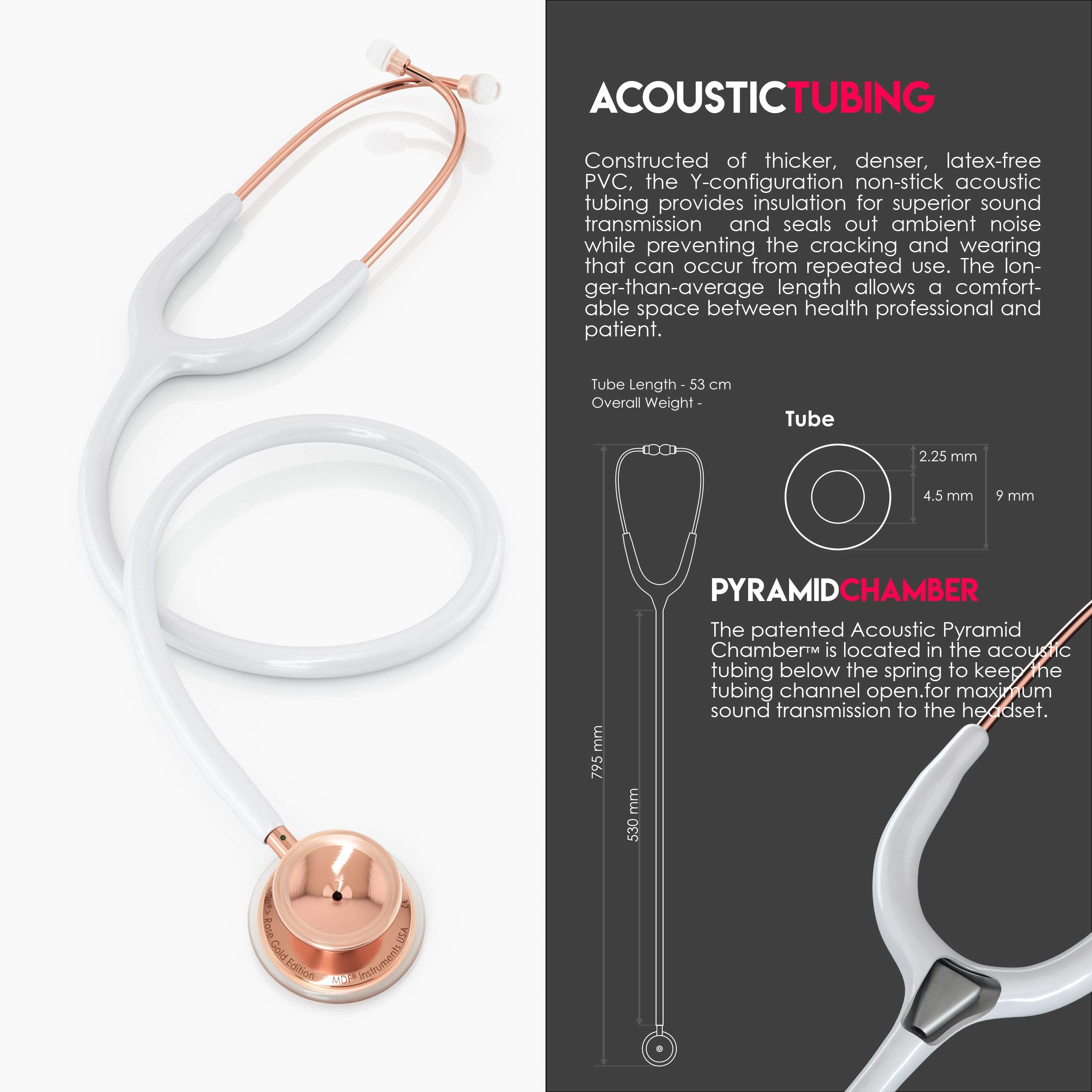 MDF Instruments, Rosegold MD One Stainless Steel Stethoscope, Adult, White Tube, Rosegold Chestpieces-Headset, MDF777RG29