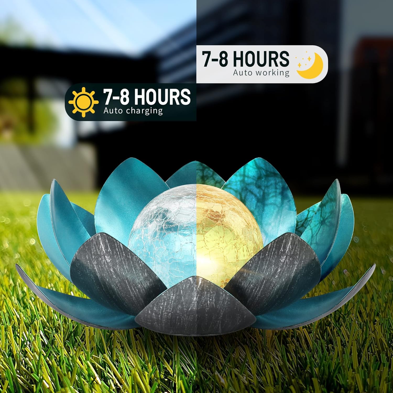 QZHP Lotus Solar Lights outdoor garden LED lights waterproof and solar-powered, illuminating garden pathways at night.