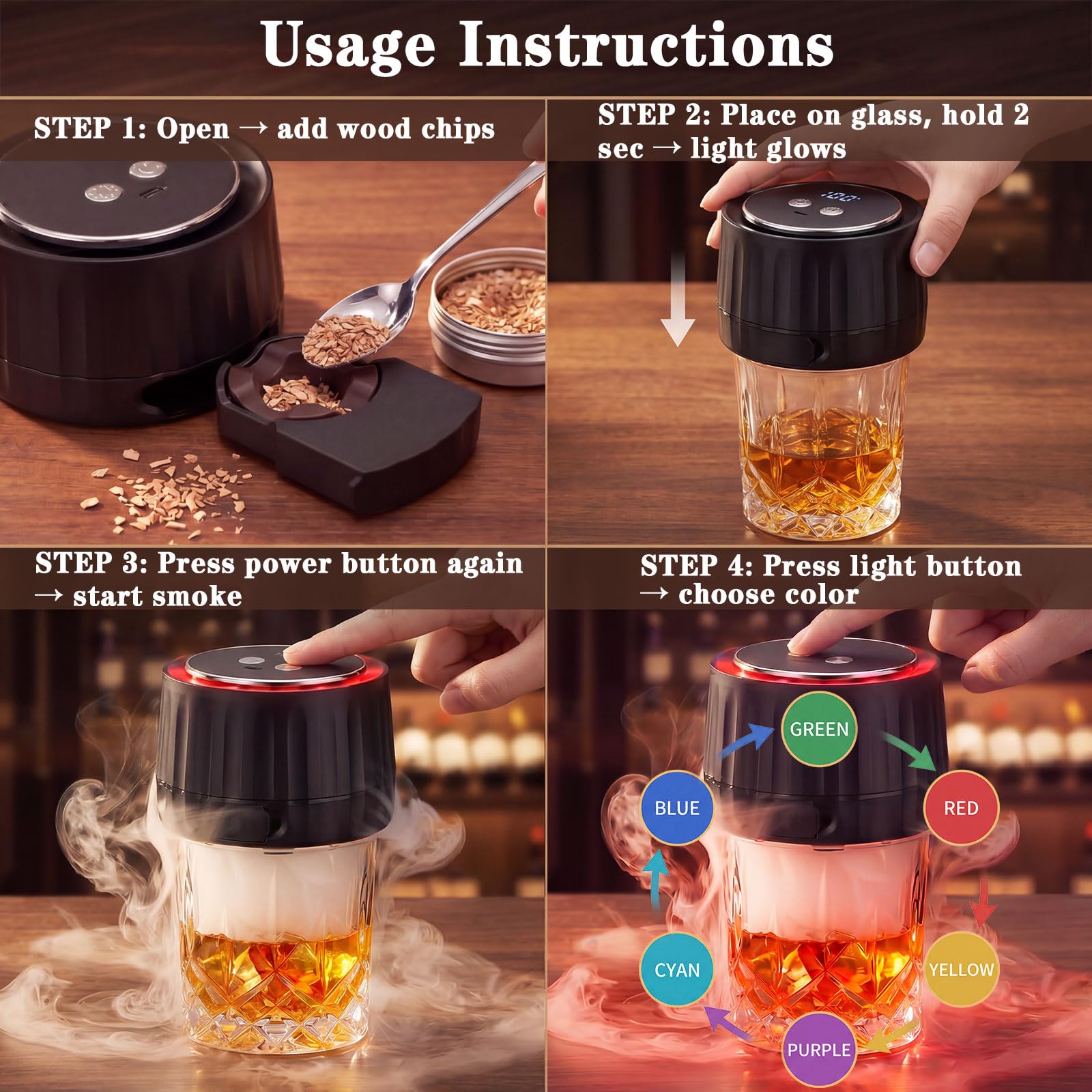 AOZUO Electric Whiskey Smoker Kit with 6 Wood Chips - Whisky Gift - AOZUO Official Product View 5