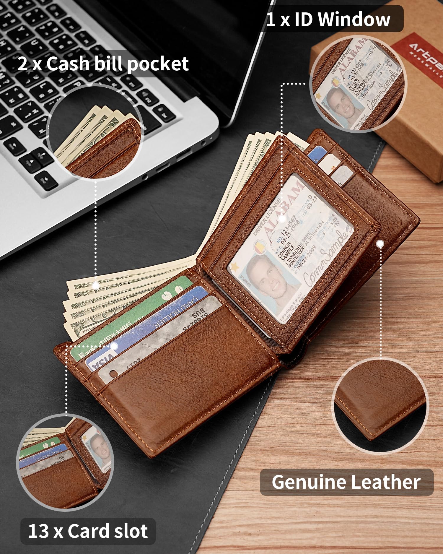 Artpaxy Men's Leather AirTag Wallet – RFID Blocking