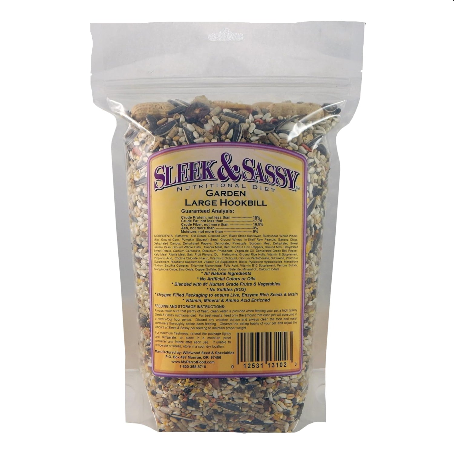 SLEEK & SASSY Garden Large Hookbill Parrot Food for large conures and amazons, showing colorful bird seed mix in a container.