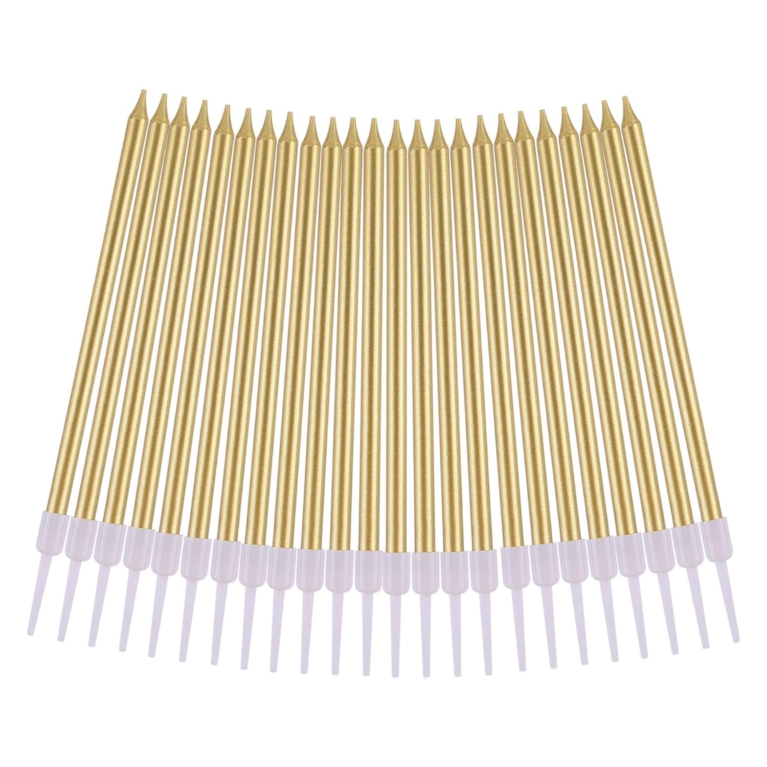 Gold metallic long birthday candles from PHD CAKE, slim and elegant, perfect for decorating cakes.