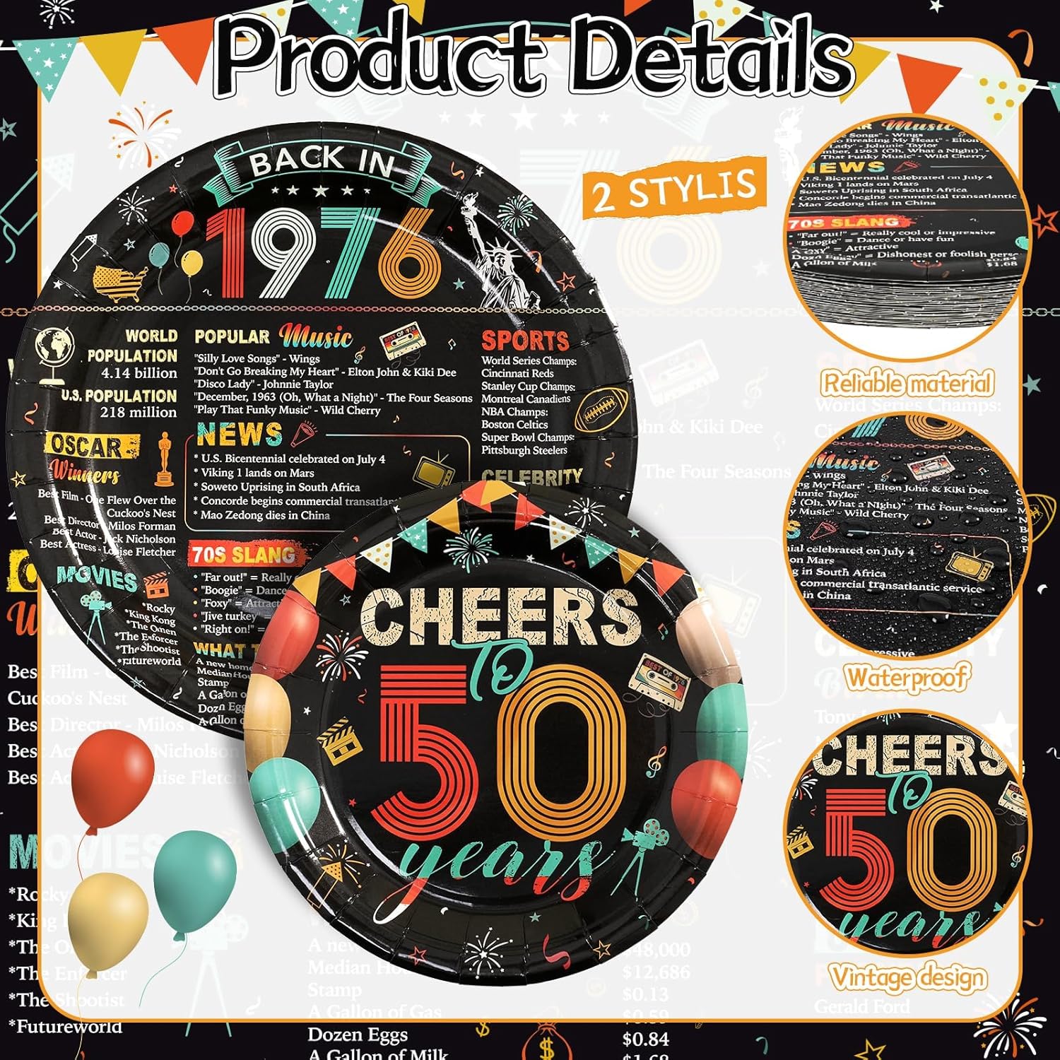 APUDWN vintage 50th birthday party tableware set with 150 plates for serving 24 guests at celebration events.