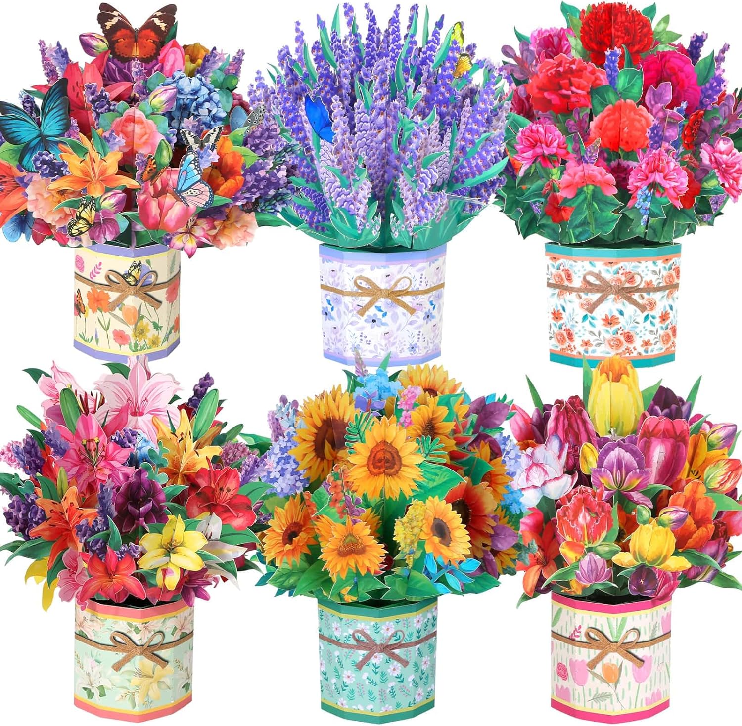 Three Caffox paper flower pop-up greeting cards featuring vibrant 3D flower bouquet designs on white backgrounds.