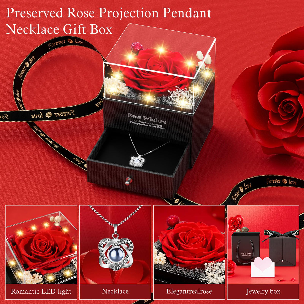 Preserved Red Rose Necklace I Love You Heart Pendant Gifts - Qnxoat r Official Imagery - 5