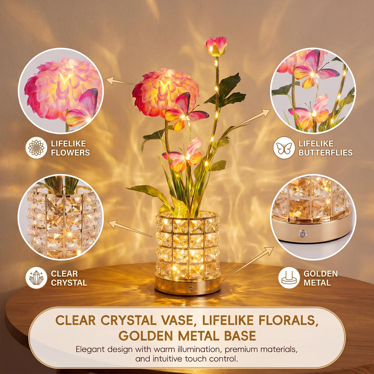 Butterfly Dahlia LED Crystal Lamp Rechargeable Touch Night - YWYWLED Official Imagery - 6