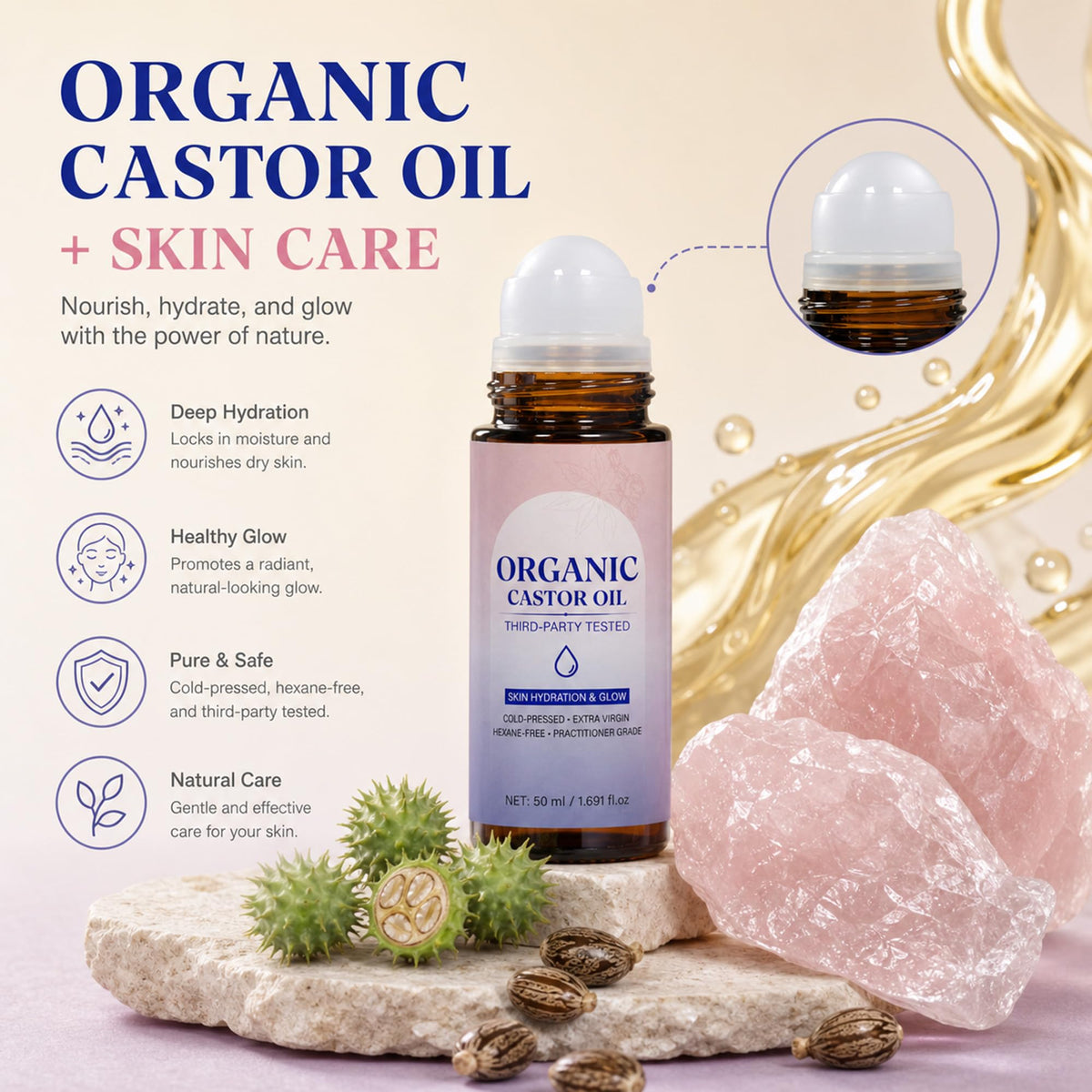Organic Castor Oil Roll On Cold Pressed Unrefined Hexane - NEIOM Official Imagery - 3