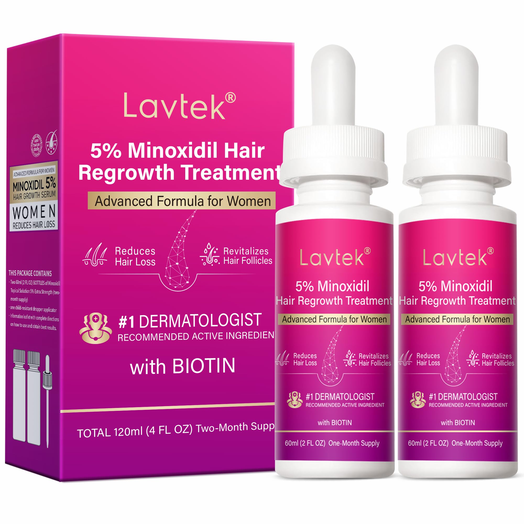 Lavtek 5% Minoxidil Hair Growth Women, Minoxidil Hair Growth Serum with Biotin - Lavtek Official Product View 2