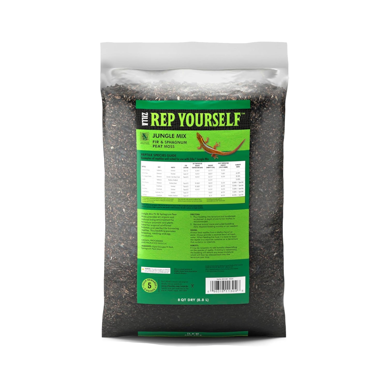 Zilla Reptile Terrarium Bedding Jungle Mix in an 8-quart bag, natural substrate with forest floor materials for reptile habitats