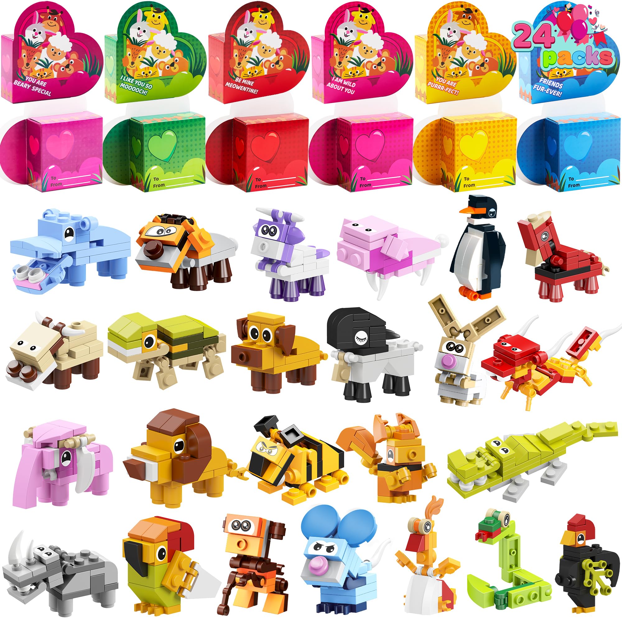 JOYIN 24 Packs Valentines Animal Building Blocks with Hearts - Product Imagery