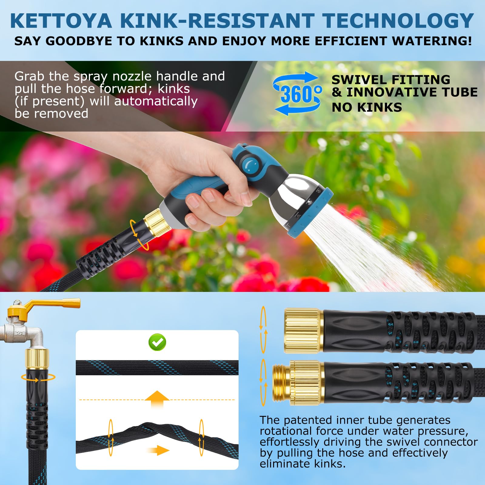 KETTOYA Non-Expanding Garden Hose 100 ft, Kink Free Flexible Wate - KETTOYA Official Product View 4