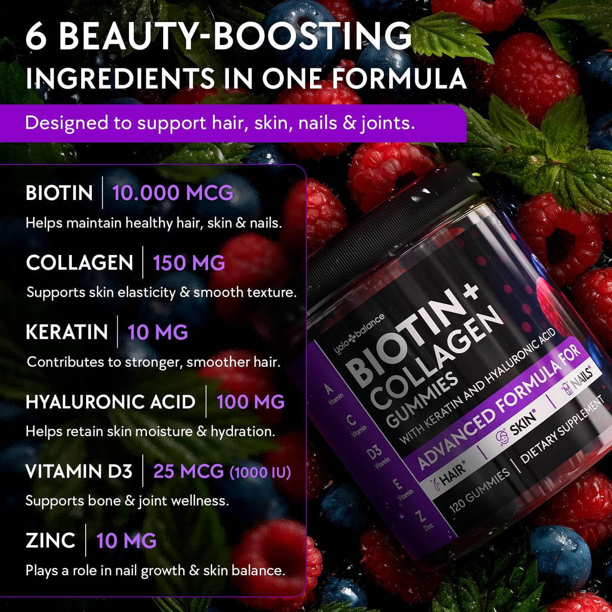 Biotin Gummies 10000mcg for Hair Growth Support - YOLOBALANCE Official Imagery - 4