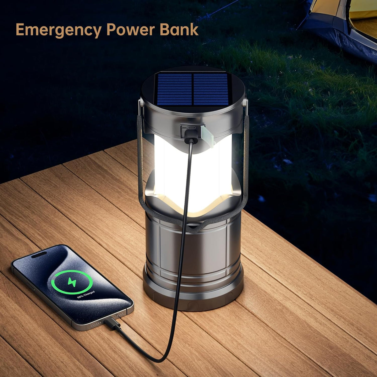 Lichamp solar camping lantern with USB rechargeable LED lights, compact outdoor lantern for camping and hiking.