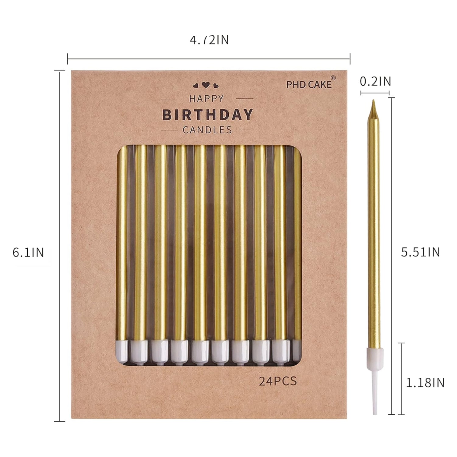 Gold metallic PHD CAKE birthday candles, long thin cake candles with a shiny finish for celebration cakes