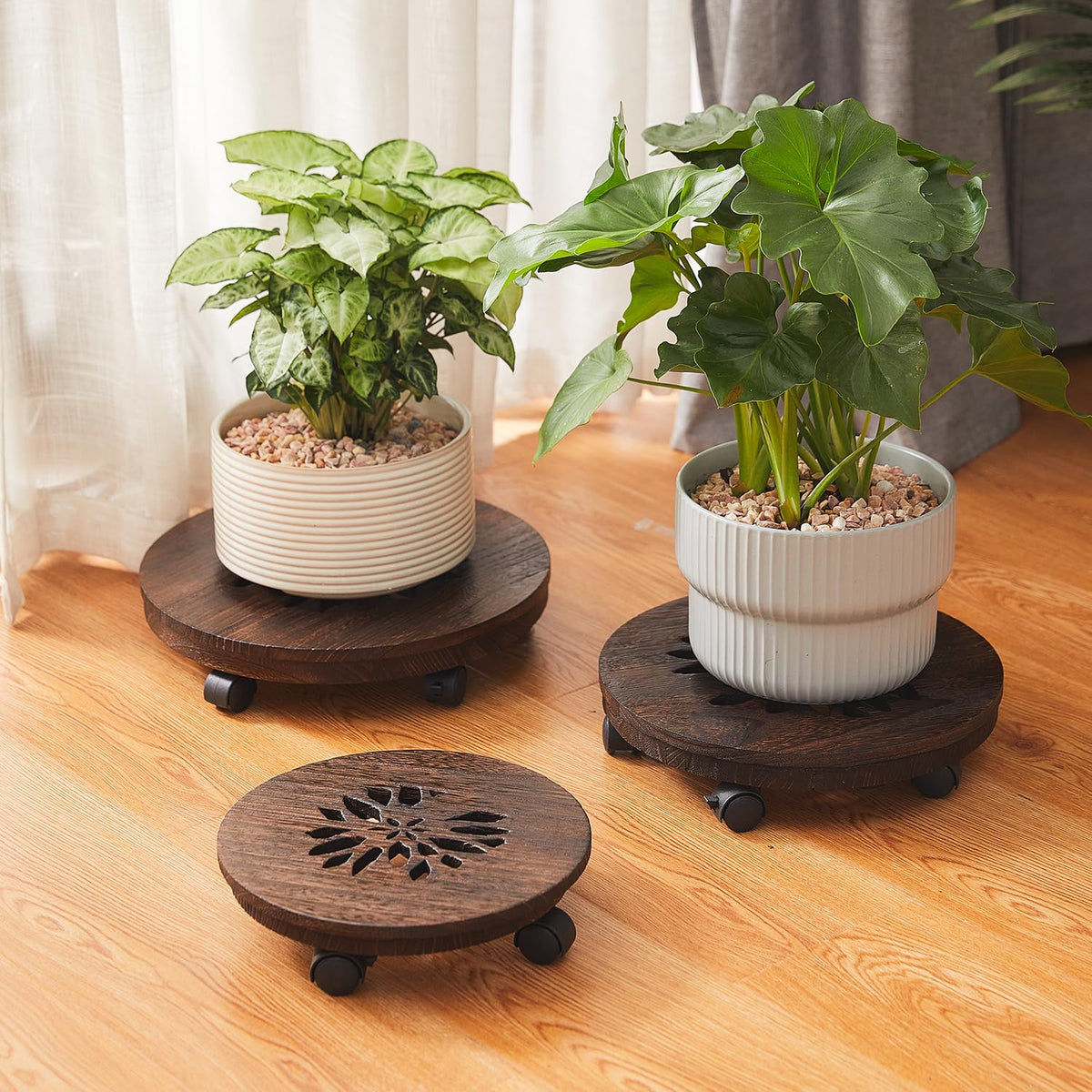 Wooden Plant Stand with Wheels Rolling Planter Caddy Heavy - GZQWDC Official Imagery - 3