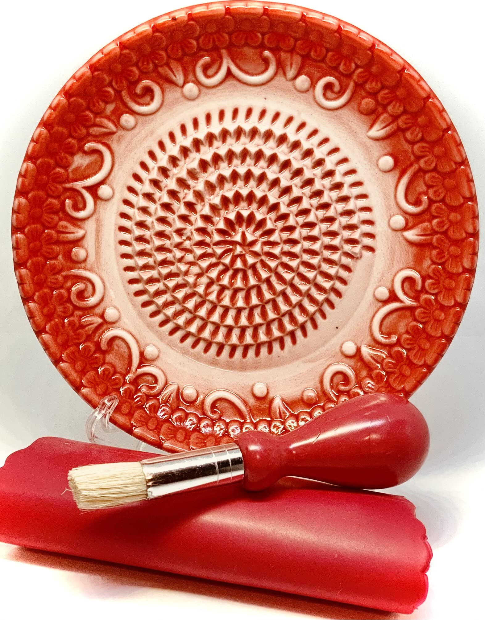 Premium Ceramic Garlic Grater Plate Set - Red Embossed - Product Imagery