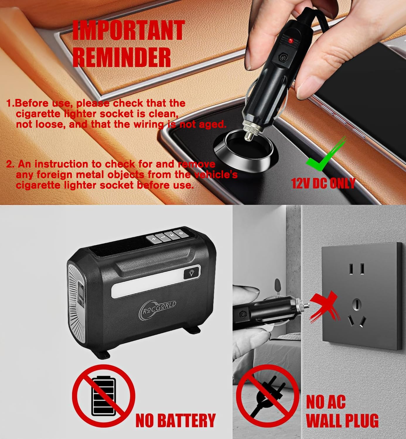 ROCGORLD R8 Tire Inflator Portable Air Compressor, DC 12V Air Compress - View 7