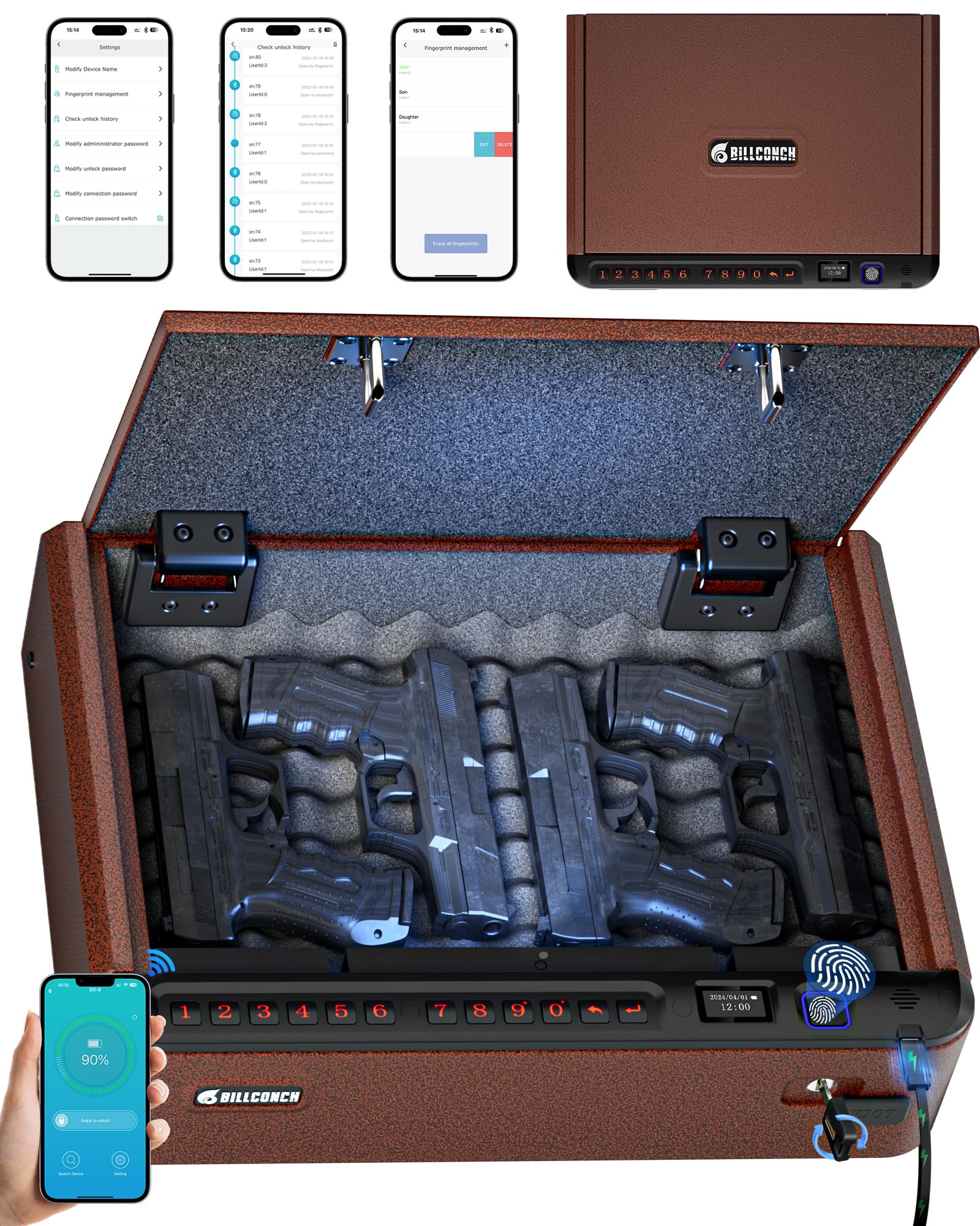 BILLCONCH Gun Safe for Handgun with Fingerprint, App, 0–9 Numeric Keypad - BILLCONCH Official Product View 9