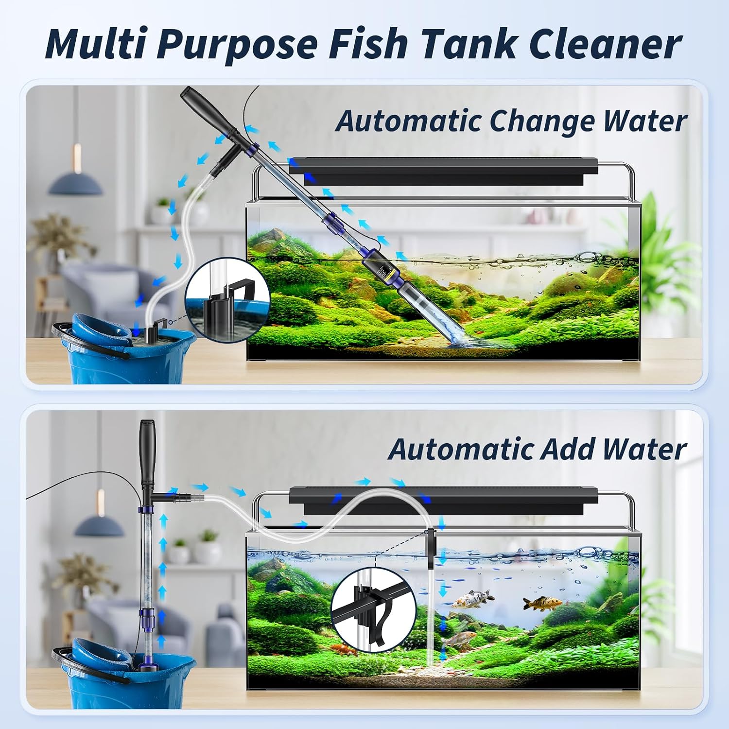 Electric fish tank cleaner by Mildhug with gravel cleaning tool, 530GPH flow rate, for aquarium maintenance and gravel siphoning.